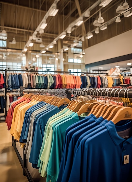 Rij modieuze polo-t-shirts voor de mens op houten hanger of rek in een kledingboetiekwinkel