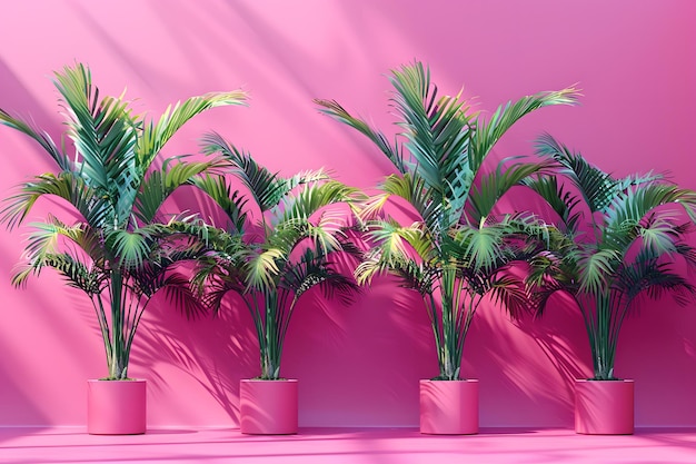 Rij palmbomen in een roze plantatie tegen een roze muur