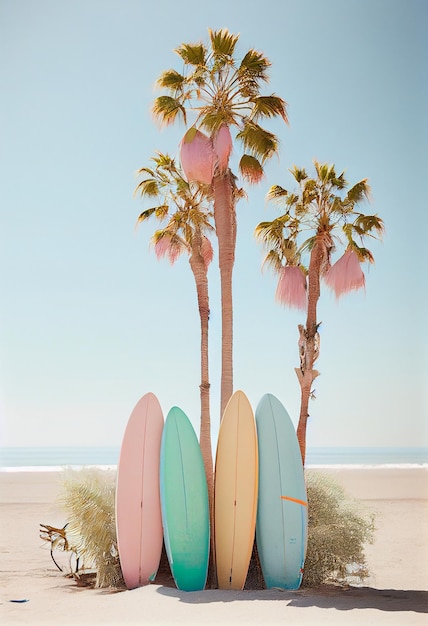 Rij surfplanken op het strand met palmbomen en blauwe lucht op de achtergrond AI gegenereerd