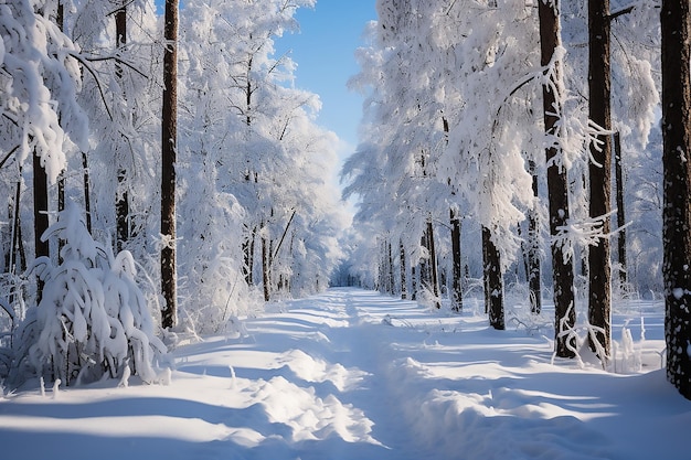 Rij van bomen in het winterbos met vallende sneeuw Winterlandschap met sneeuw bedekte rij van bomen