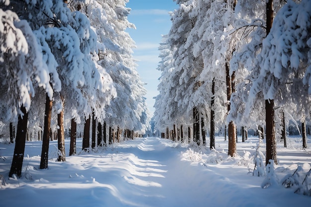 Rij van bomen in het winterbos met vallende sneeuw Winterlandschap met sneeuw bedekte rij van bomen