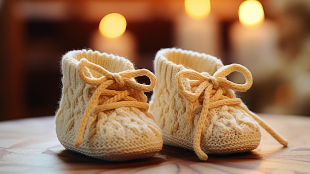 Rij van gebreide babyschoenen op tafel voor baby's