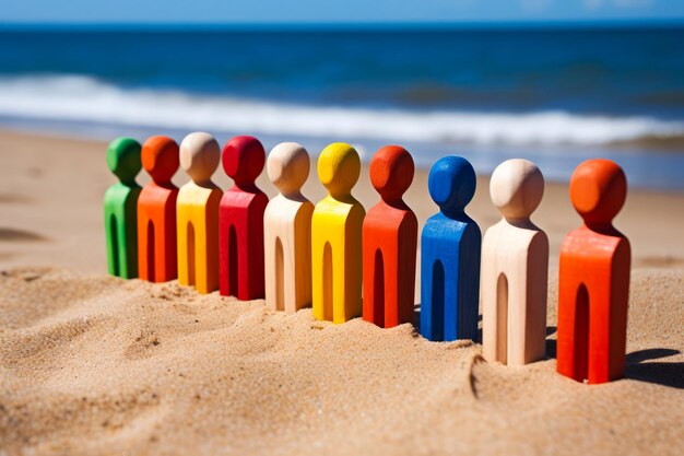 Foto rij van houten mensen die in het zand staan op het strand generatieve ai