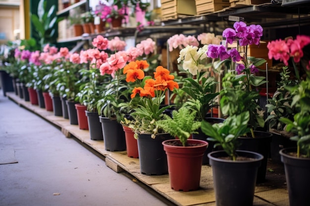 Rij van ingemaakte bloemen met goedkeuringsborden in een bloemistenwinkel