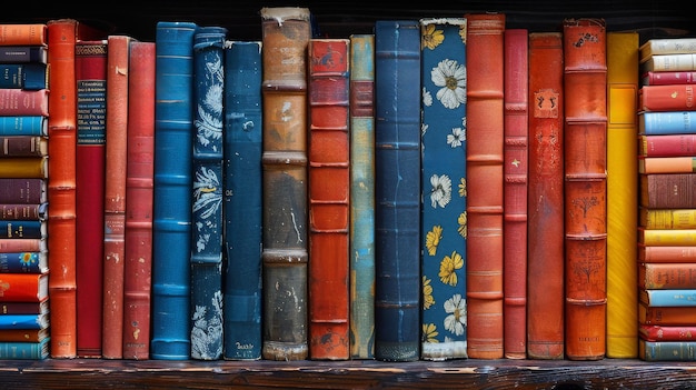 Rij van kleurrijke boeken op een houten plank