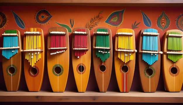 rij van kleurrijke kalimba's en mbira's netjes gerangschikt op een plank in een Afrikaans cultureel centrum