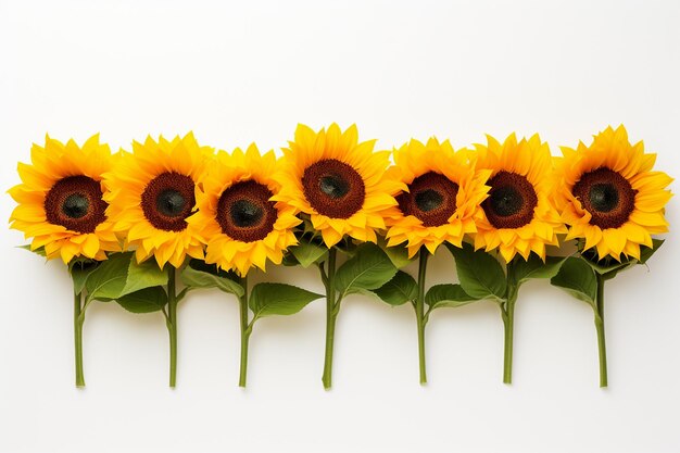 Rij van levendige gele zonnebloemen met donkere centra