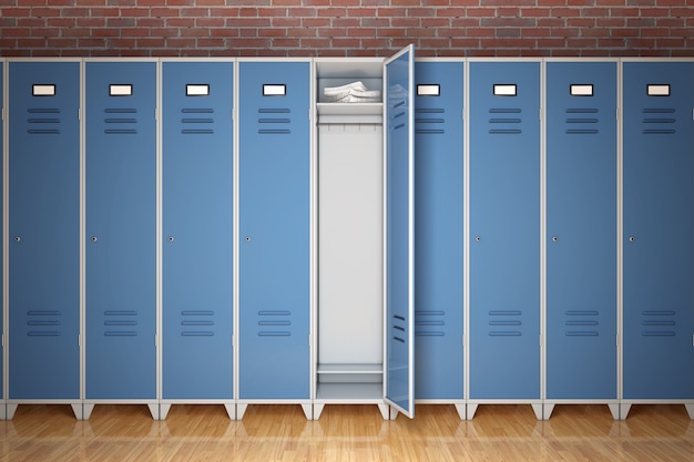 Rij van metal gym lockers voor bakstenen muur extreme close-up. 3d-rendering