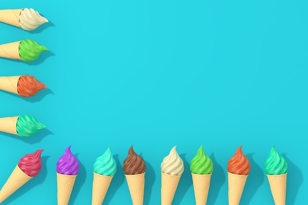 Rij van Multicolour Soft Serve Ice Cream in Waffle Crispy Ice Cream Cone op een blauwe achtergrond. 3D-rendering