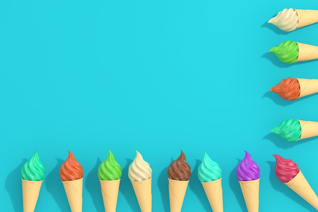 Rij van Multicolour Soft Serve Ice Cream in Waffle Crispy Ice Cream Cone op een blauwe achtergrond. 3D-rendering