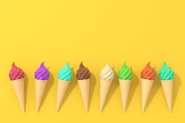 Rij van Multicolour Soft Serve Ice Cream in Waffle Crispy Ice Cream Cone op een gele achtergrond. 3D-rendering