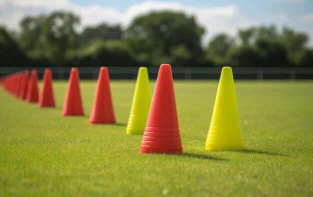 Foto rij van oranje en gele kegels op groen veld