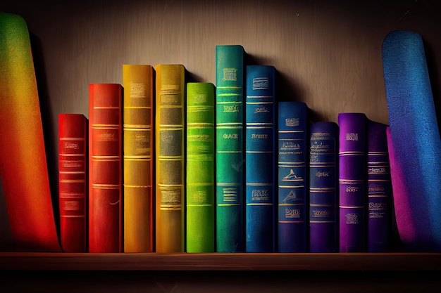 Rij van oude boeken op de horizontale achtergrondscène van de regenboogplank Generatieve Ai