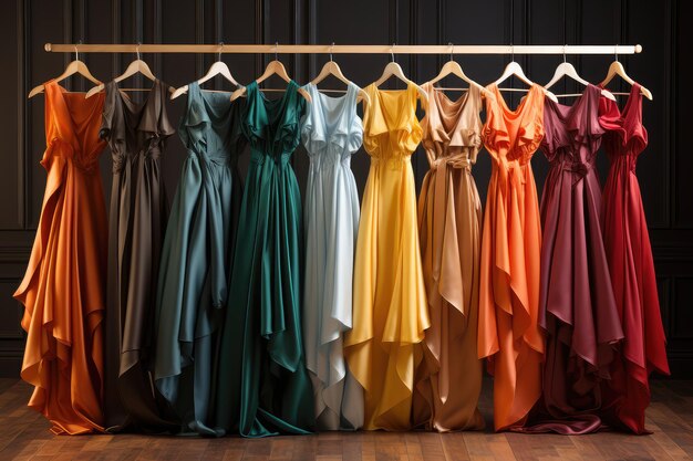 Rij van prachtige luxe kleurrijke jurken op hangers in een showroom extreme close-up Generatieve AI