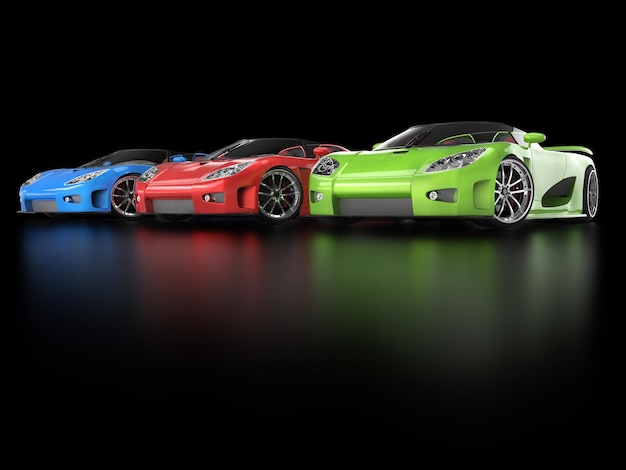 Rij van sportwagens in een zwarte showroom