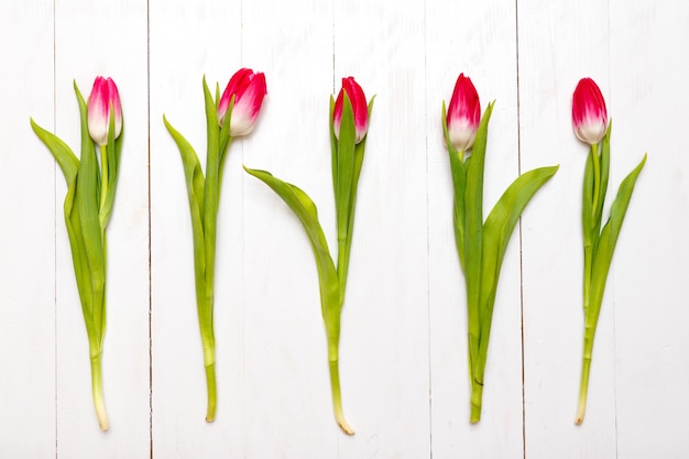 Rij van tulpen op houten achtergrond.