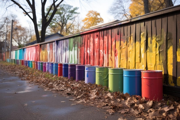 Rij van verfblikken in verschillende kleuren langs het hek