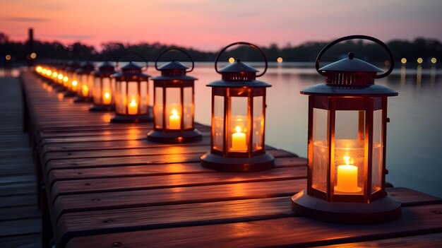 Rij van verlichte lantaarns op een pier bij zonsondergang