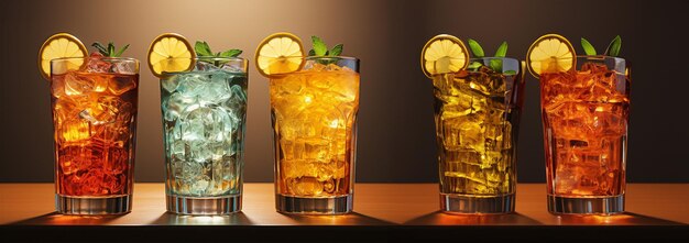 Rij van verschillende dranken op een lichte achtergrond Verzameling van verschillende alcoholische cocktails drinkglassen