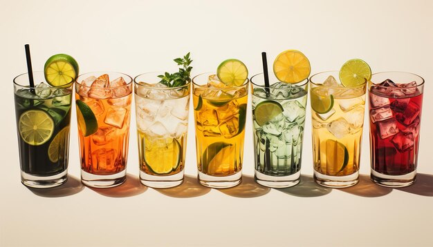 Rij van verschillende dranken op een lichte achtergrond Verzameling van verschillende alcoholische cocktails drinkglassen