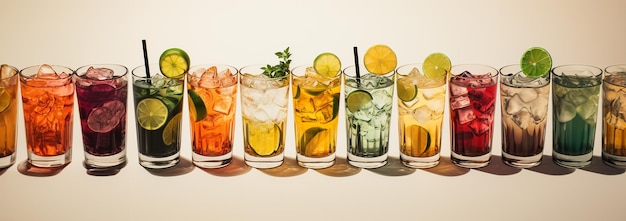Foto rij van verschillende dranken op een lichte achtergrond verzameling van verschillende alcoholische cocktails drinkglassen