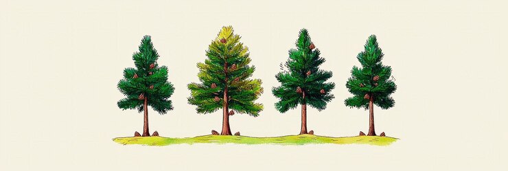 Foto rij van vier immergroene bomen met verschillende kleuren