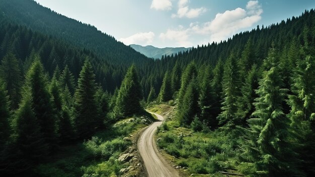 Rijden door een groen bos in de bergen hoge hoogte naaldbomen bos vuil weg pad