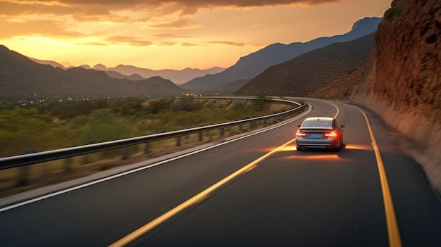 rijden op de snelweg bij zonsondergang