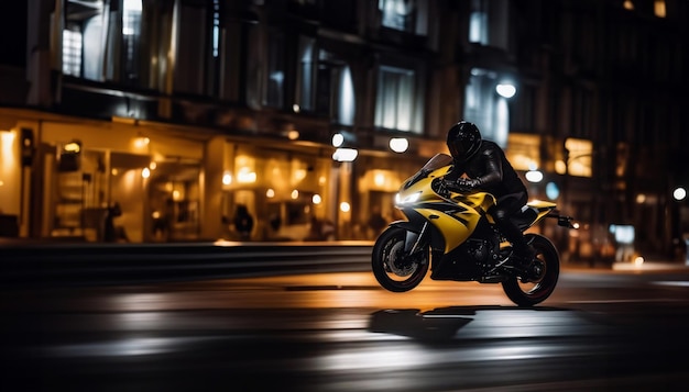 rijden op een sport gele motorfiets door de stad's nachts een motorrijder in motorfiets uitrusting