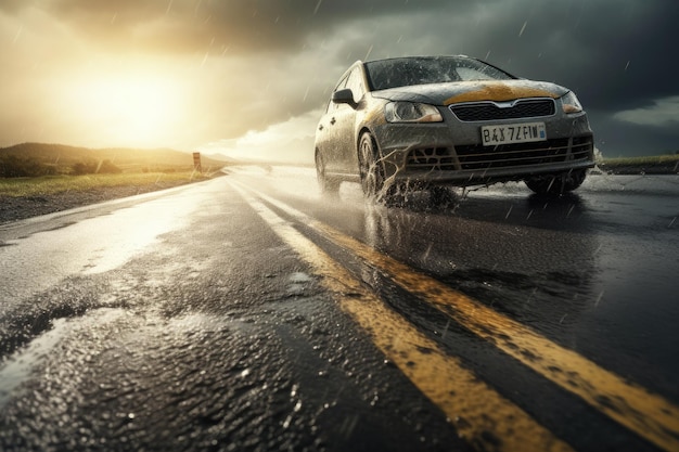 Rijden op natte wegen in de regen met wolken en zon