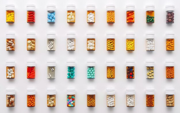 Rijen flesjes met voorgeschreven medicijnen op een witte achtergrond