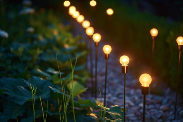 Foto rijen gloeilampen op stengels verlichten een donkere tuin