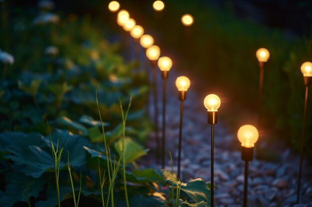 Rijen gloeilampen op stengels verlichten een donkere tuin