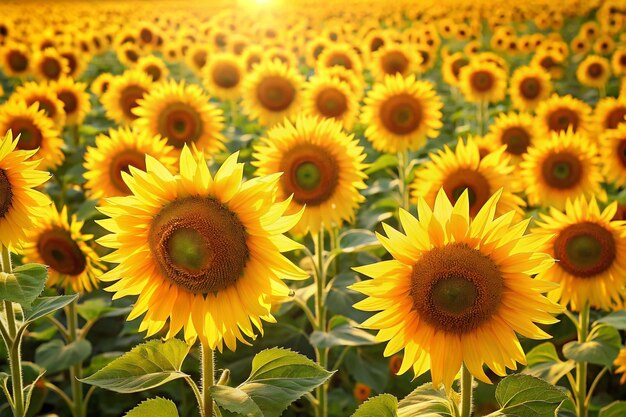 rijen heldergele zonnebloemen die zich over een veld uitstrekken in het warme zonlicht