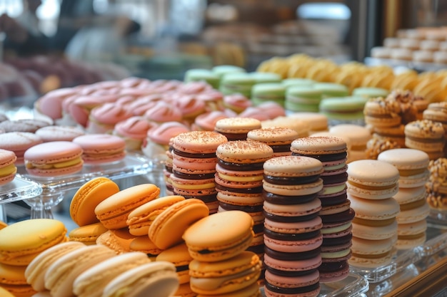 Rijen kleurrijke macarons in een bakkerij een feest voor de ogen