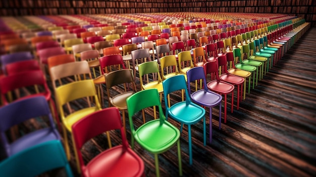 Foto rijen kleurrijke stoelen een rij kleurrijke stoelen op de tribune van het stadion kleurrijke stoelen generatieve ai