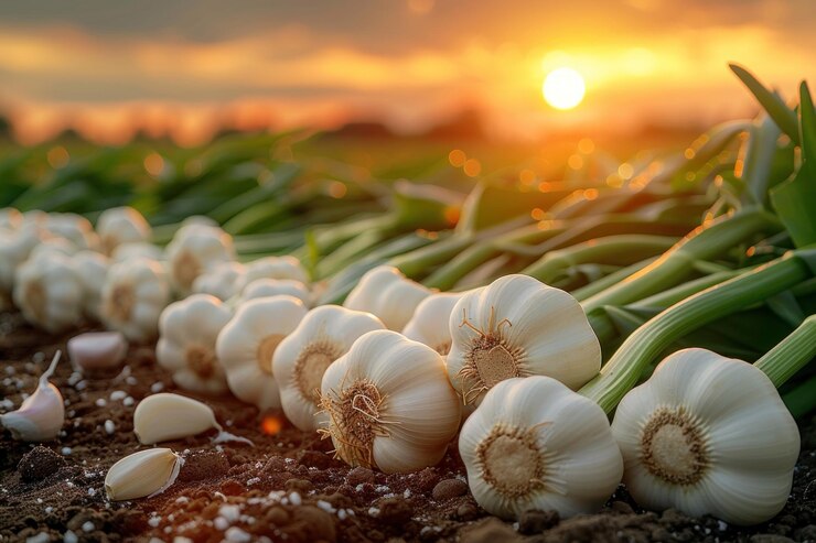 Rijen knoflookplanten bij zonsondergang Generatieve AI