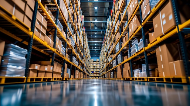 Rijen planken met dozen met goederen in een enorm distributielager bij een industriële opslagfabriek