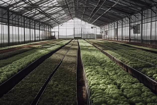 Rijen planten in uitgestrekte kas Generatieve Ai