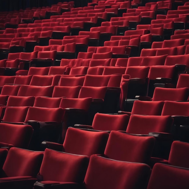 Rijen rode stoelen in een theater