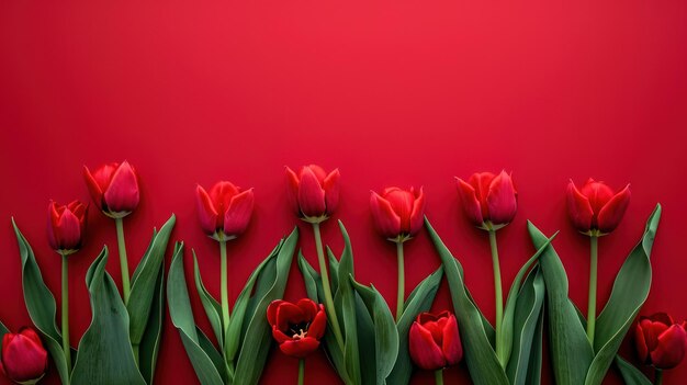 Rijen rode tulpen op een rode achtergrond levendige bloemen in een gedurfde tentoonstelling