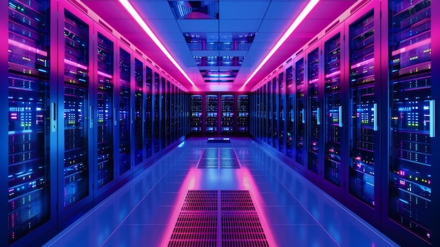 Rijen servers in de lange gang van het datacentrum