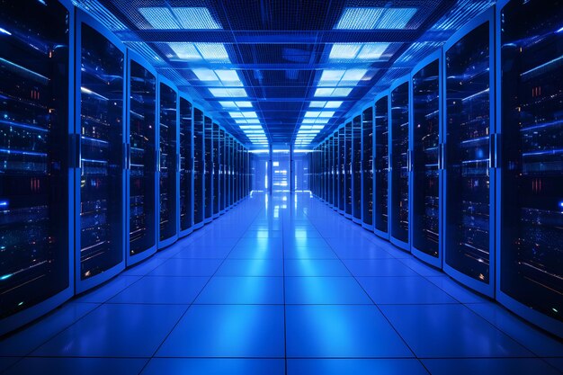 Rijen servers in een datacenter verlicht door blauwe lichten