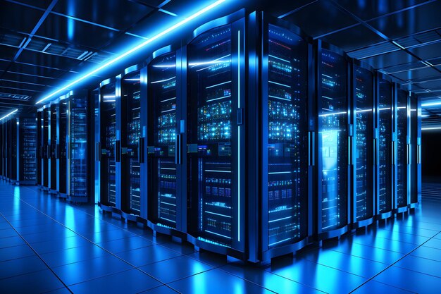 Foto rijen servers in een datacenter verlicht door blauwe lichten