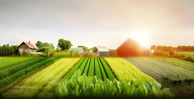 Rijen van groeiende jonge planten in het veld ecologisch landbouwconcept Generatieve AI