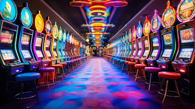 Rijen van kleurrijke gokmachines casino hal