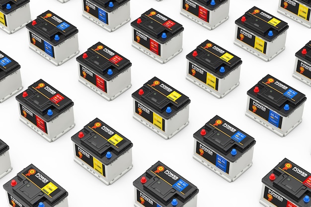 Rijen van oplaadbare auto batterij 12V accu's met abstracte label op een witte achtergrond. 3D-rendering