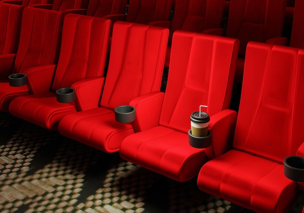 Rijen van rood fluwelen stoelen kijken naar films in de bioscoop met kopie ruimte banner achtergrond Entertainment en Theater concept 3D illustratie rendering