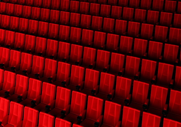 Rijen van rood fluwelen stoelen kijken naar films in de bioscoop met kopie ruimte banner achtergrond Entertainment en Theater concept 3D illustratie rendering