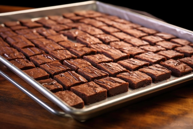 Rijen verse brownies afkoelen op een bakplaat